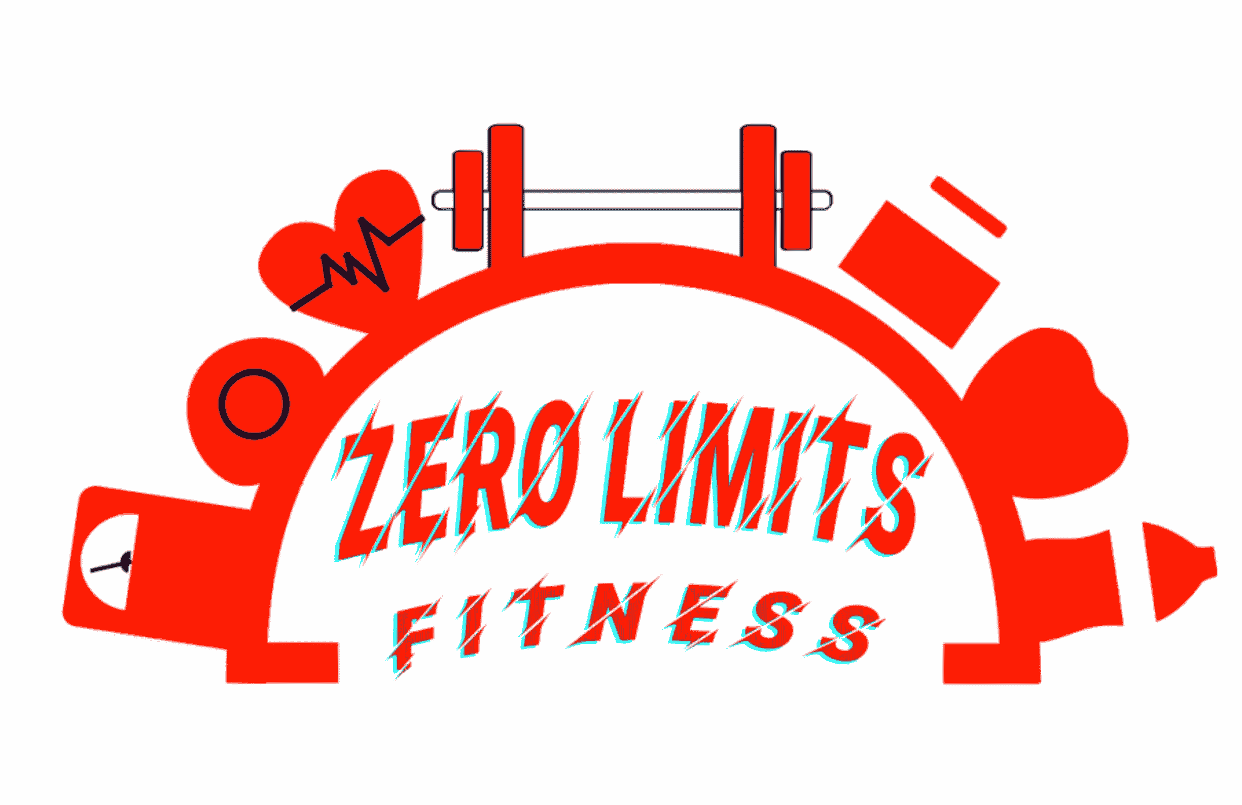 Zero Limits Fitness' Logo - a barbell atop a semicircle with various health and fitness-related objects
