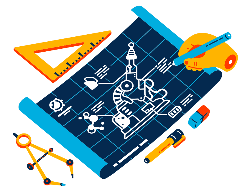 Illustration of a Hand Working on a Technical Drawing of a Robot