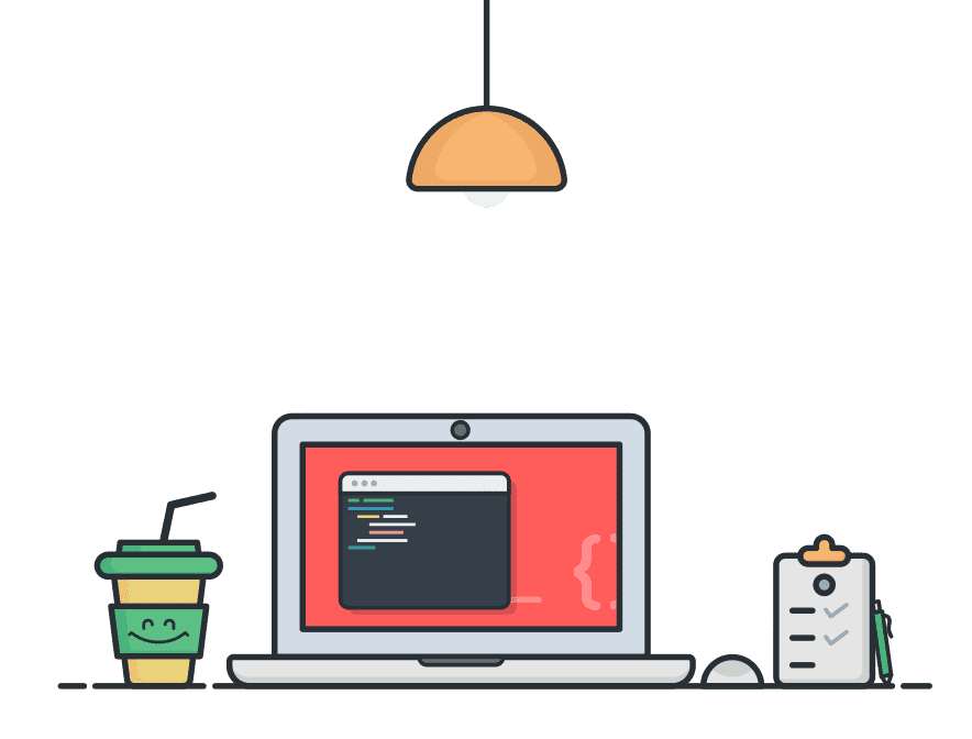 Illustration of a Laptop Computer with code on the screen; it has a light on a cord above it, a clipboard with a checklist to its right, and a cup with a smily face and a straw on its left